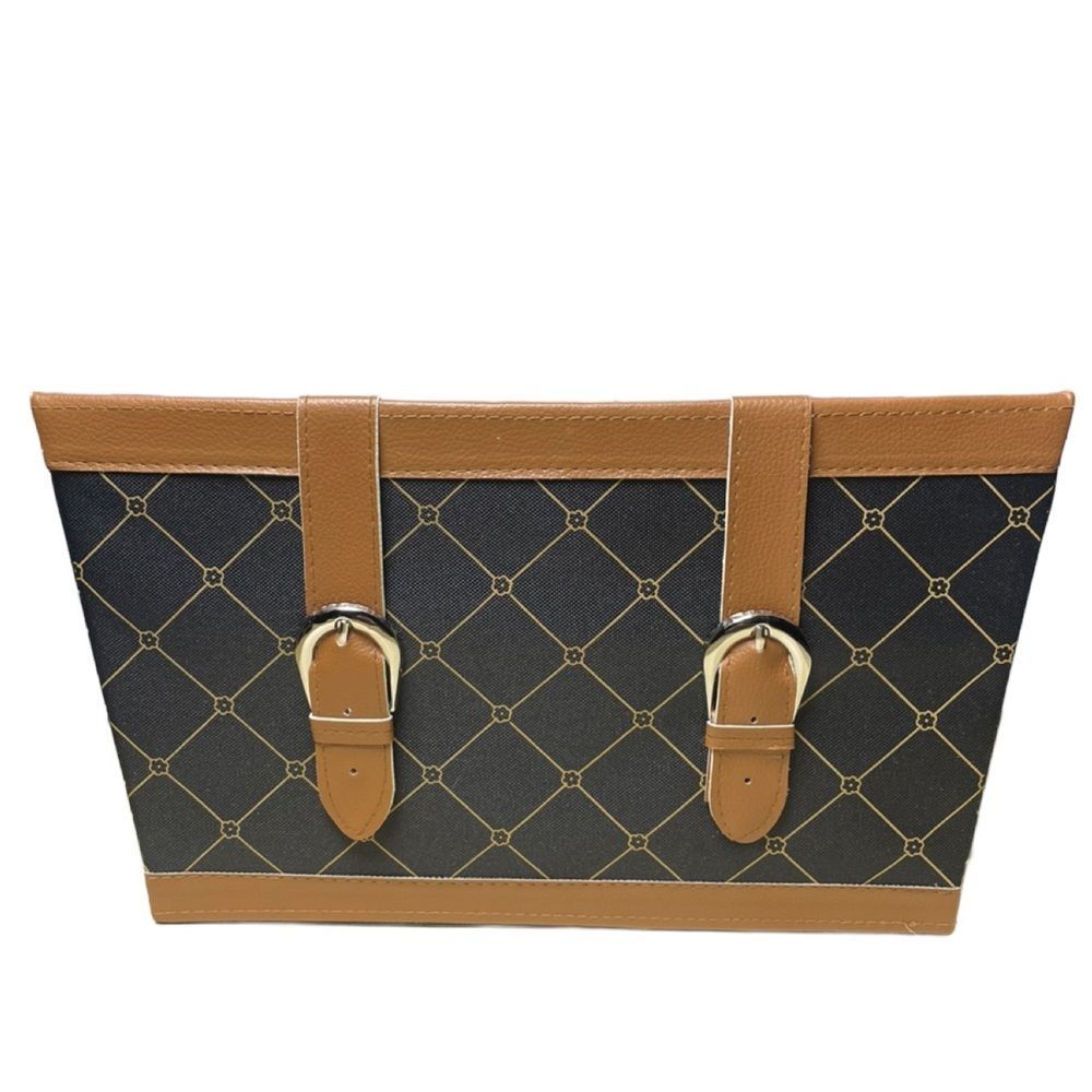 Elegant Black Fabric Storage Bin w/Brown Faux Leather Accents & Monogram Print